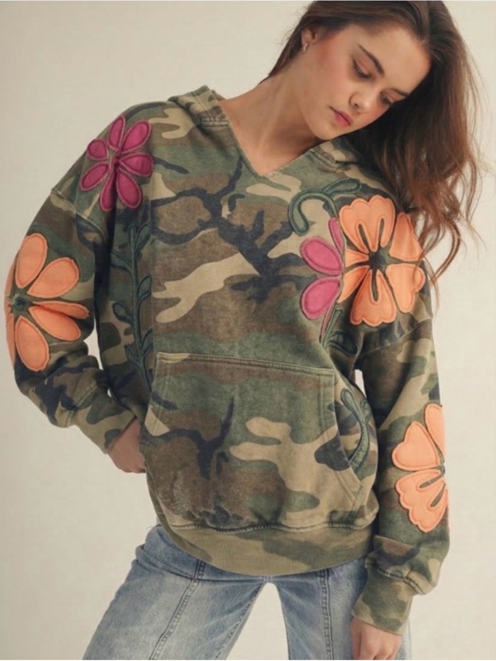 Camouflage Hoodie Sweater with Pink & Orange Floral Appliqués